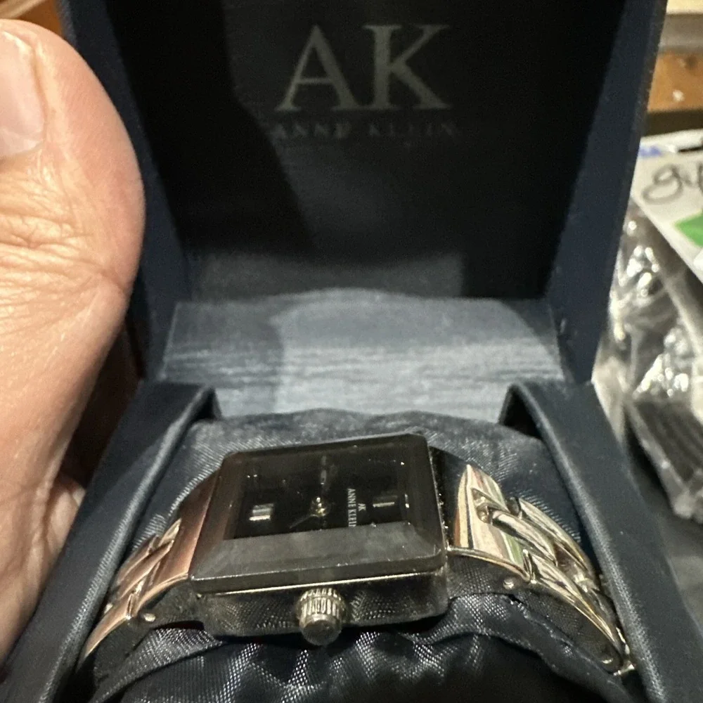 Anne Klein Women's Y121E Silver-Tone Black Watch Leather Strap Small RARE W/ Box